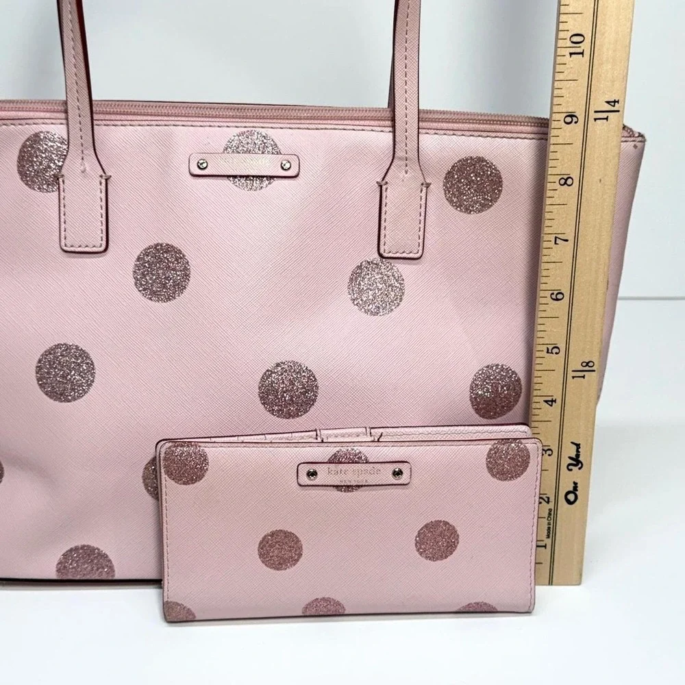 Kate Spade Pink Glitter Polka Dot Tote Bag and Wallet Set Saffiano Leather - Picture 5 of 7